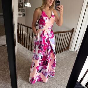 By & By NWT cross back pink floral prom banquet gala dress with POCKETS